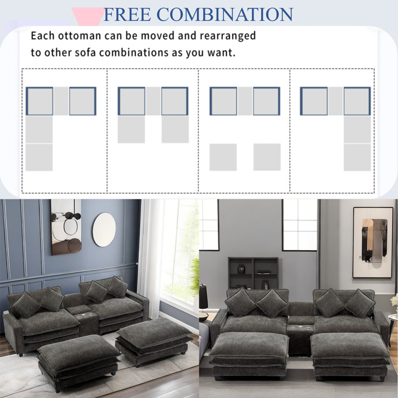 Hokku Designs Zayshaun Sofa with Two Ottomans, Cup Holders, USB Ports and Storage Console | Wayfair Hokku Designs Zayshaun Sofa with Two Ottomans, Cup Holders, USB Ports and Storage Console | Wayfair